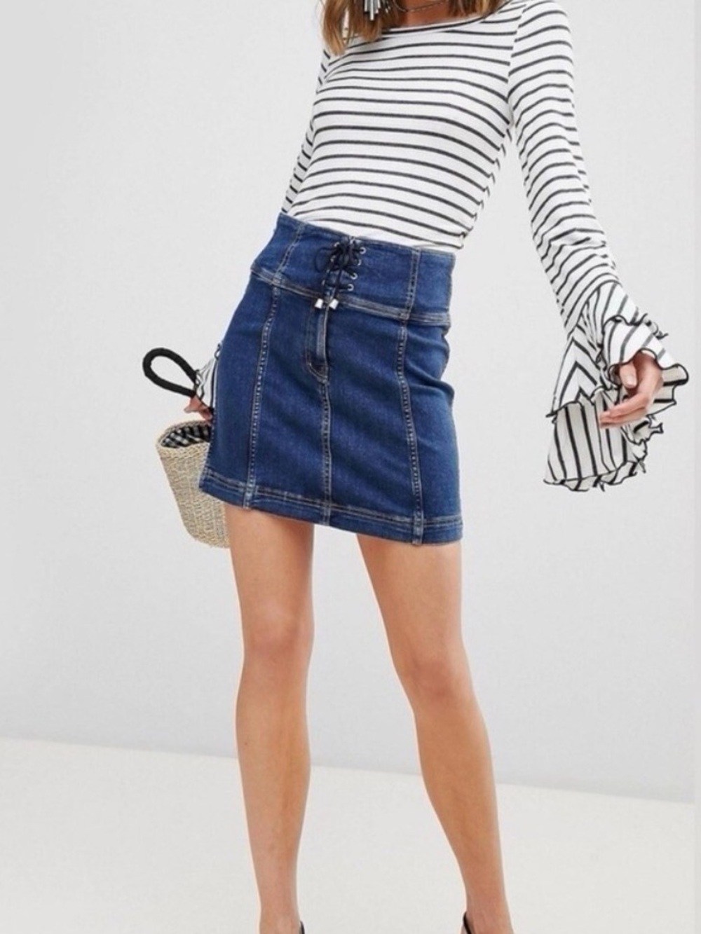 Free People Modern Femme Lace-Up Corset Denim Mini Skirt Size 4 BoHo Festival